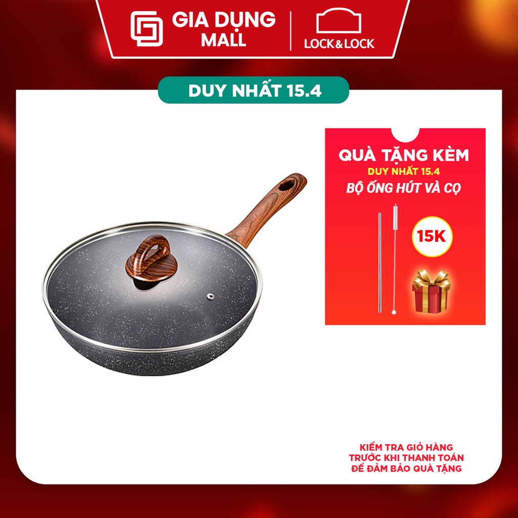 Chảo Nhôm Sâu Lòng Chống Dính Lock&amp;Lock Baum Marble 1 Tay Cầm, Nắp Thủy Tinh LBU1285 LBU1305 (28-30cm) - giadungmall