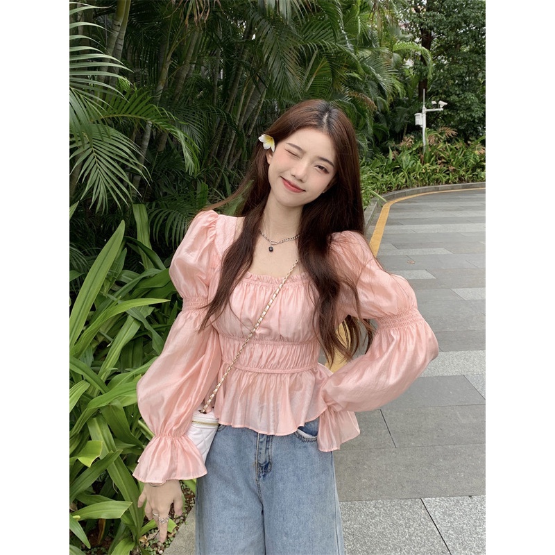 Áo Kiểu Cổ Vuông Tay Loe Xinh Xắn Thời Trang Mùa Thu Theo Phong Cách Pháp Cho Nữ