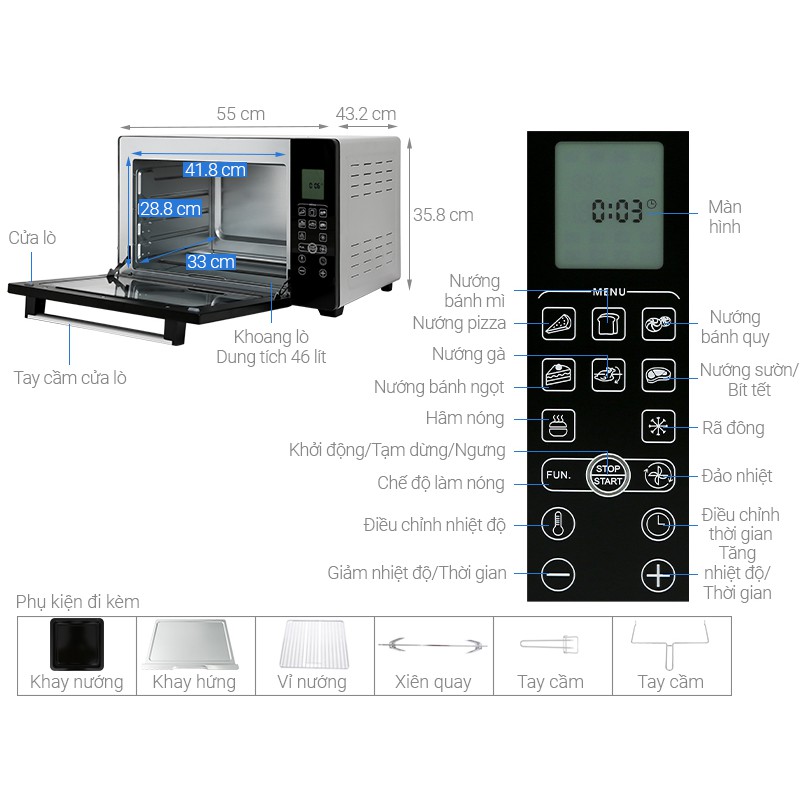 LÒ NƯỚNG SANAKY VH-5088S2D (Đen) / VH-5088N2D (Inox) VH5088S2D / VH5088N2D 50 LÍT 2000W