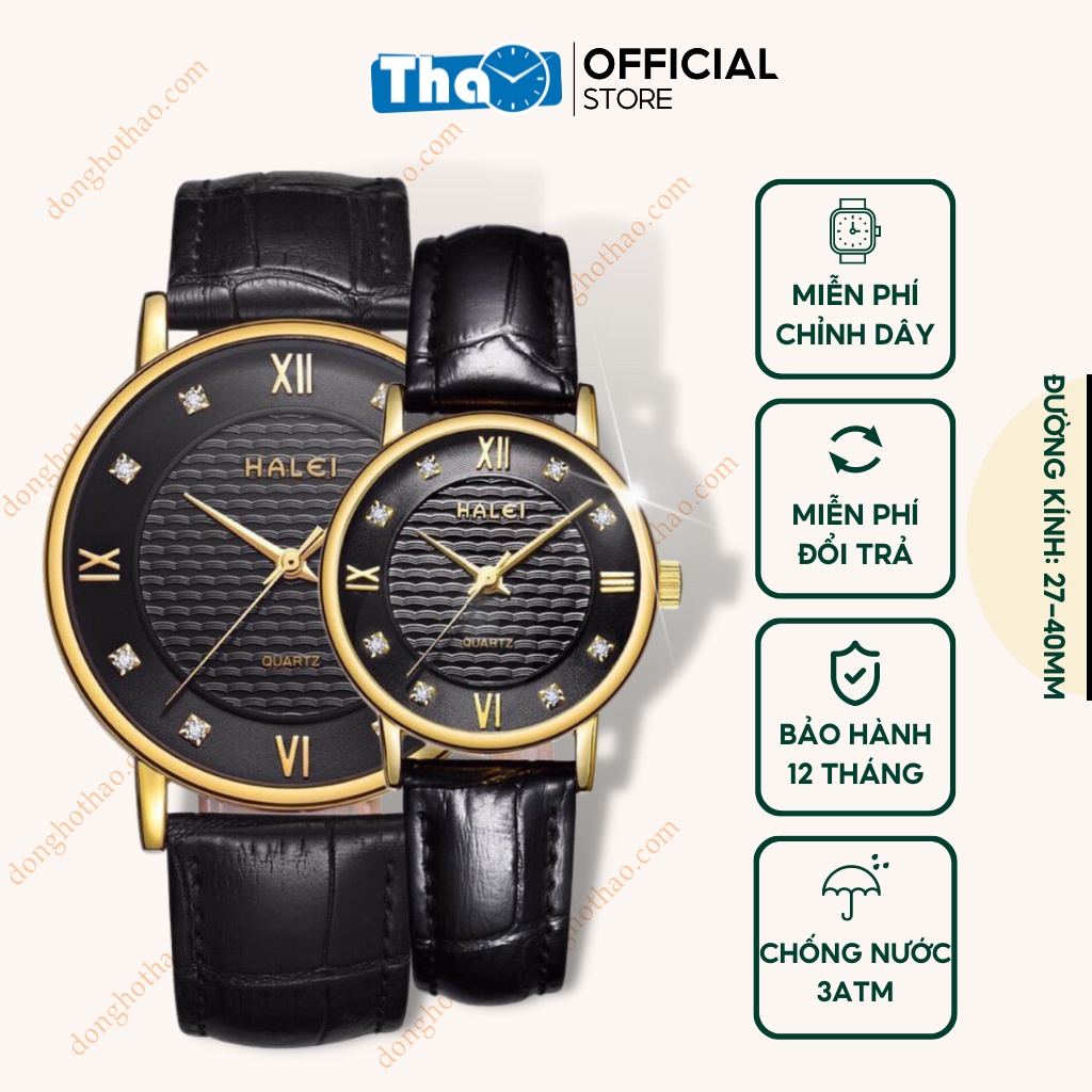 Đồng Hồ Cặp Đôi Halei 545 Dây Da Đen Mặt Đen