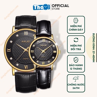 Đồng Hồ Cặp Đôi Halei 545 Dây Da Đen Mặt Đen