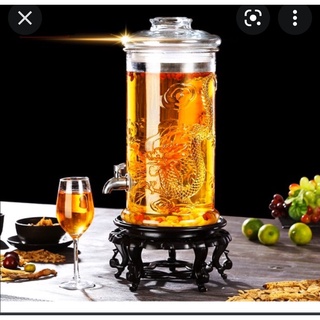 Bình ngâm rượu thủy tinh 10 lít dáng trụ hoa văn rồng - Có van và không van