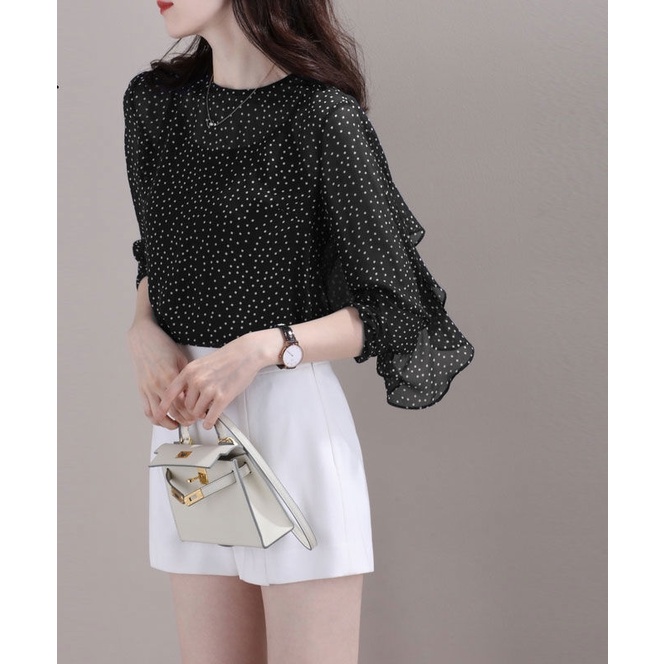 Áo Sơ Mi Chiffon Cổ Tròn Dáng Rộng Họa Tiết Chấm Bi Thời Trang Cho Nữ