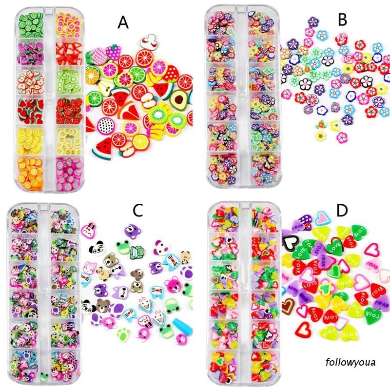 Set 12 Lọ Đất Sét Polymer Mềm Hình Trái Tim / Động Vật / Hoa / Trái Tim / Hoa / Trái Cây / Động Vật Mini Lấp Lánh Làm Đồ Trang Sức Diy