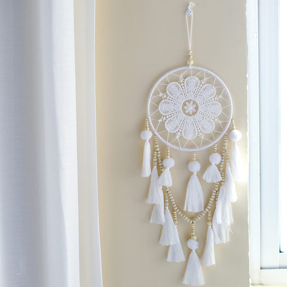 Dreamcatcher có chuỗi hạt gỗ và bông tua rua trắng kiểu Boho treo tường trang trí phòng ngủ bé gái/làm quà sinh nhật