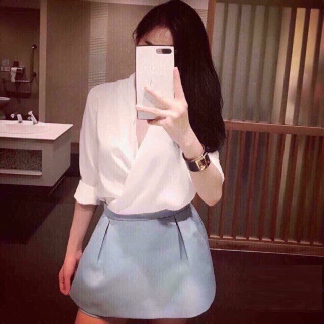 Áo Sơ Mi Nữ Tay Dài Cổ Đắp Chéo - vải satin lụa mềm mượt mát êm như hình | BigBuy360 - bigbuy360.vn