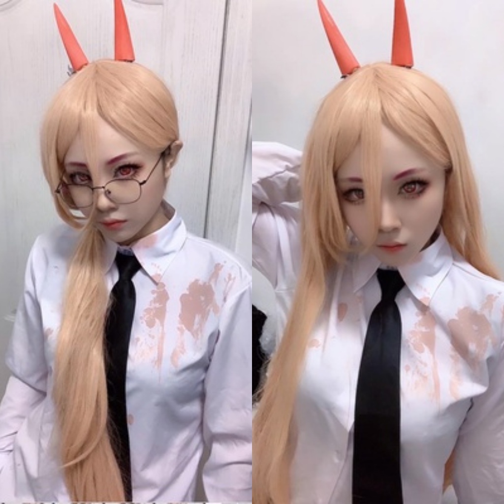Wig/tóc giả cosplay Power Chainsaw Man màu hồng cam 100cm