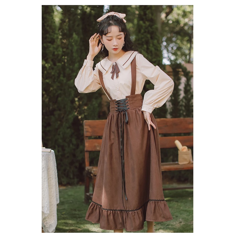 (Hàng Order không có sẵn) Áo sơ mi cổ sen, thắt nơ, tay phồng kèm chân váy vintage, phong cách cổ điển, chất liệu dày | BigBuy360 - bigbuy360.vn