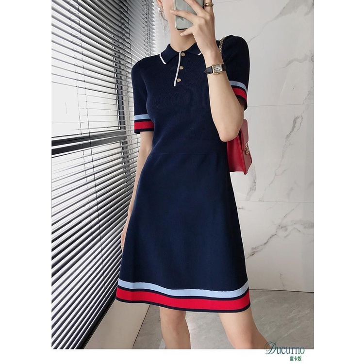 Đầm ngắn dệt kim cổ polo dáng chữ A thanh mảnh thời trang mùa hè kiểu Pháp cho nữ