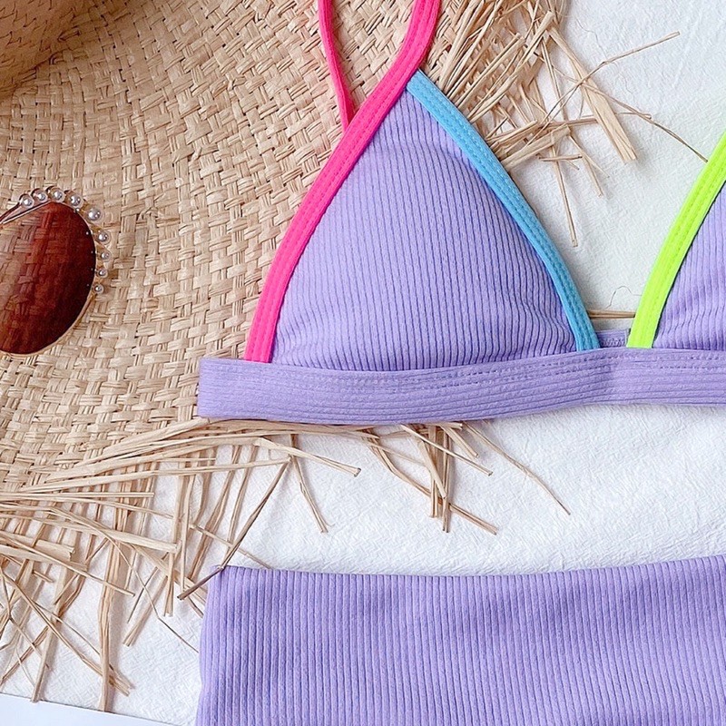 Bikini hai mảnh chip tam giác quần lưng cao khoét mông vải thun gân hottrend