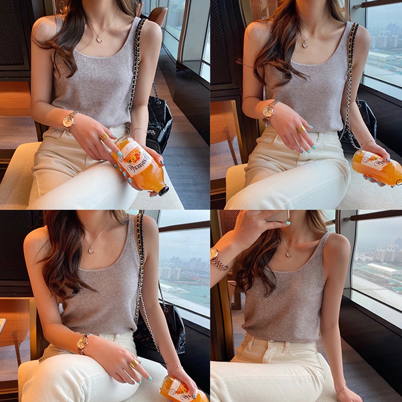 Áo Hai Dây Dệt Kim Co Giãn Phong Cách Hàn Quốc Thời Trang Mùa Hè 8 Màu Tùy Chọn