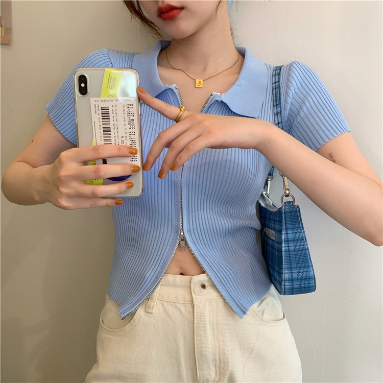 12768 |Bảng Phấn Mắt 2 Màu 2 Màu Thời Trang| Áo Croptop Dệt Kim Hai Dây Kéo Khóa Dáng Ôm Gợi Cảm