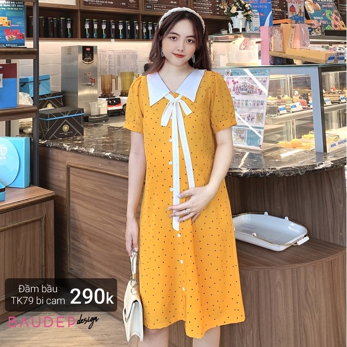 Váy bầu bi cam thời trang, Đầm bầu TK79 chấm bi màu cam, hồng, đỏ