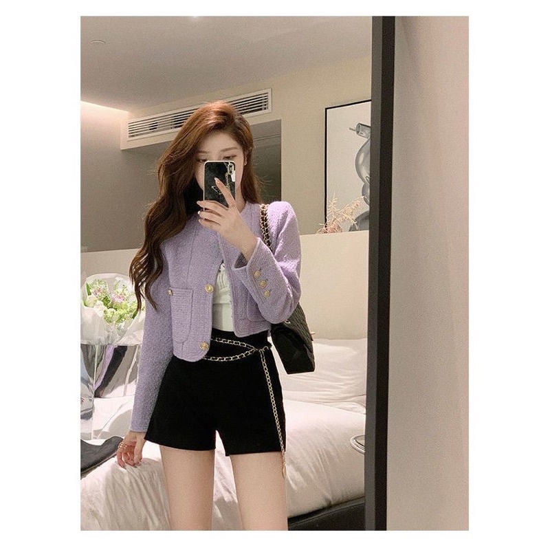 Áo khoác dạ tweed dáng croptop cổ tròn cúc mạ quagr châu 2 lớp