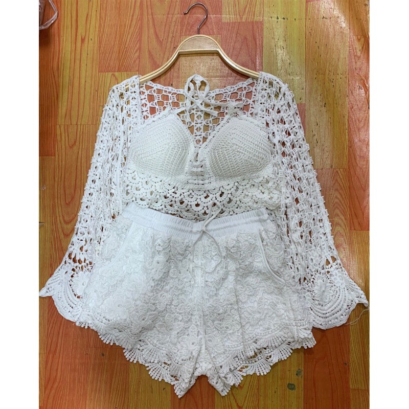 Set biển mới - set 3 món - áo bra vây cá + quần ren hoa đều + choàng ren hoa tay rộng