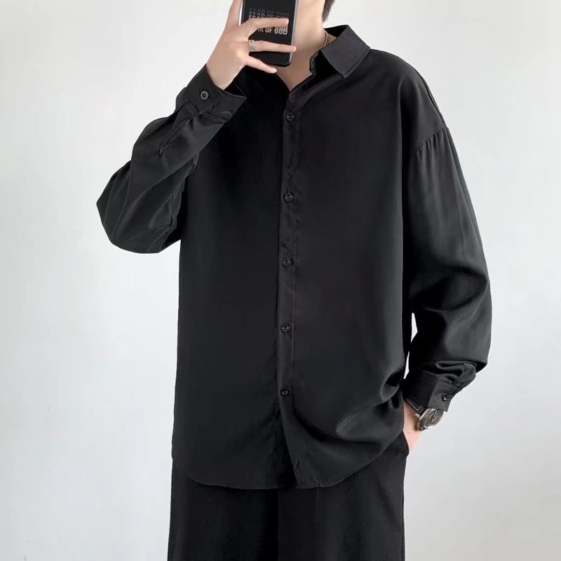 Áo Sơ Mi Thể Thao Tay Dài Bằng Lụa Mát Màu Trơn 3 Màu Thời Trang Phong Cách Hàn Quốc Cho Nam