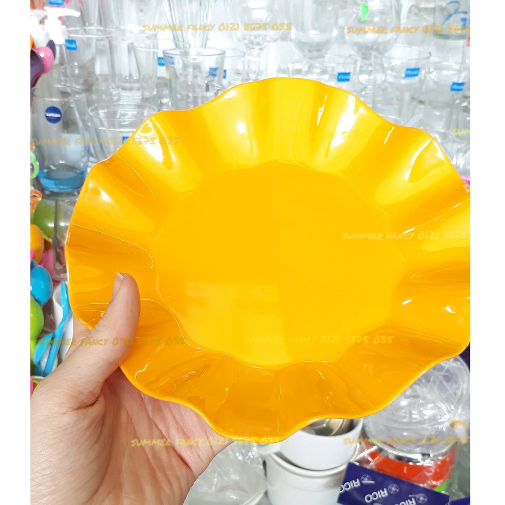 Dĩa hoa bèo nhựa melamine phíp 15.8 cm vàng xanh bèo nhún - Plate F-DH06