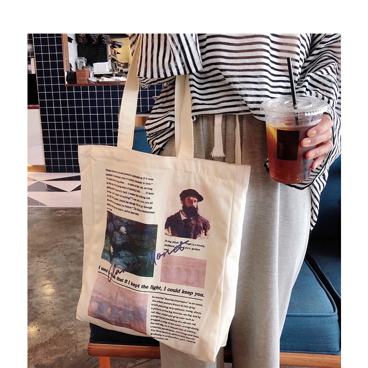 Túi vải Tote in hình phong cách đơn giản cho nữ