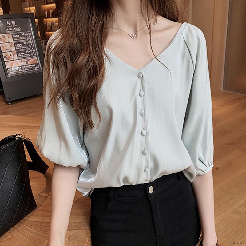 Áo kiểu chất Chiffon tay ngắn cổ chữ V phối nút thanh lịch