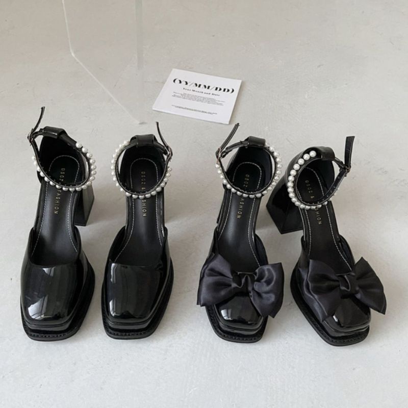 Giày cao gót Mary Jane đính nơ đế vuông dày đẹp cao 9cm