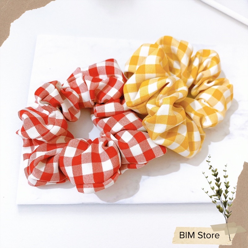Dây buộc tóc scrunchies sọc caro dễ thương phong cách vintage phom to phồng đẹp vải dày dặn
