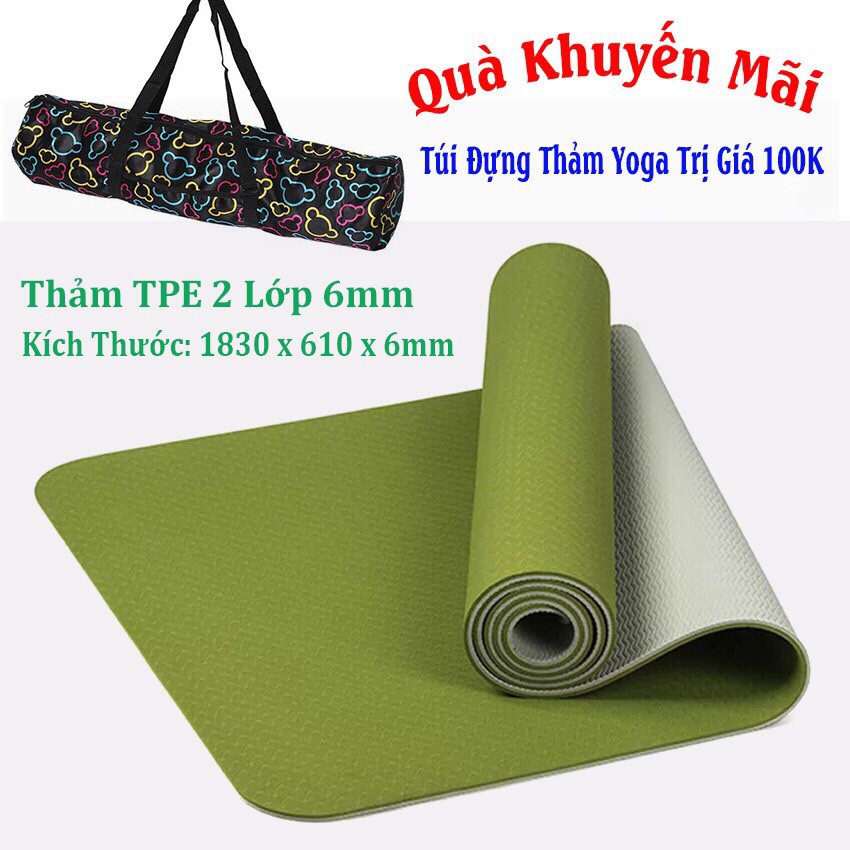 Thảm Yoga TPE 2 Lớp 6mm Cao Cấp + Tặng Kèm Túi Đựng, Thảm Tập Yoga TPE 2 Lớp + Tặng Kèm Túi Đựng