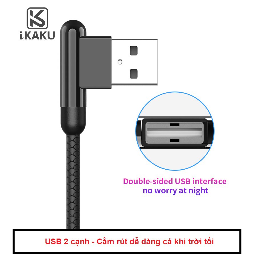 Cáp sạc chơi game micro USB android KAKU - Sạc nhanh 3.2A - Dây dù chống rối chống đứt - USB 2 cạnh - Đầu sạc vuông góc