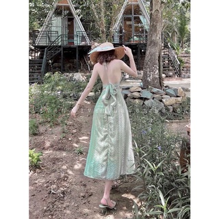 Đầm cổ yếm màu xanh cột nơ lưng hình thật