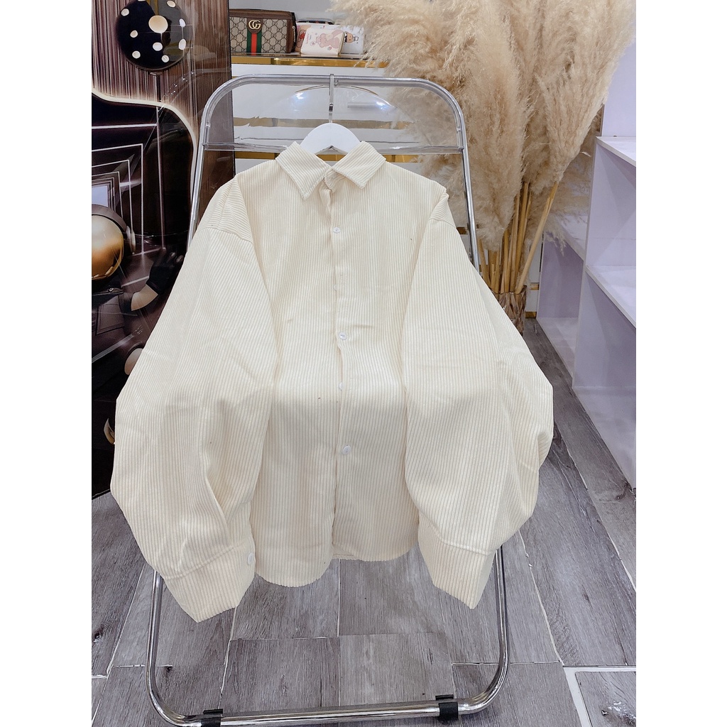 Sơ Mi Dài Tay Trơn Chất Nhung Tăm Dáng Rộng Túi Ngực Nam Nữ Unisex Tay Bồng- Sơ Mi Đi Học