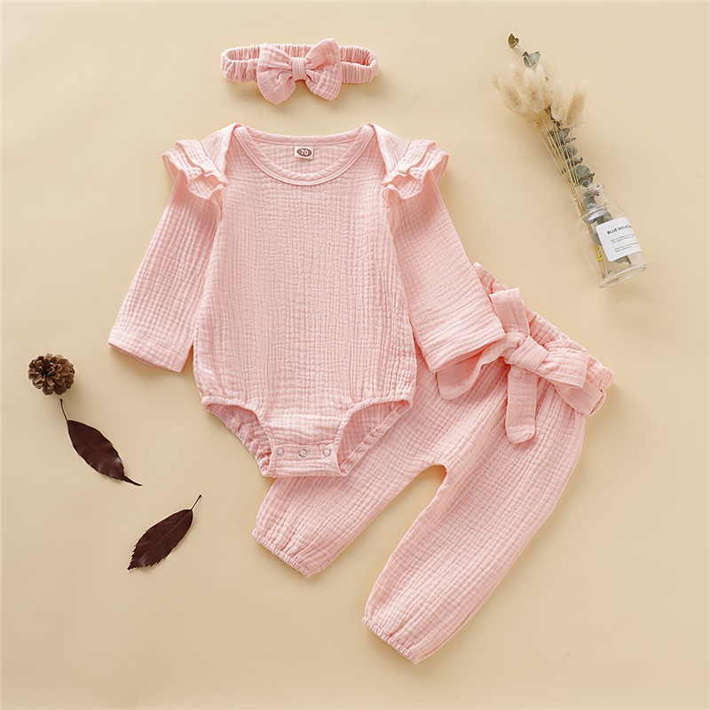 Bộ đồ cotton 3 món MIKRDOO gồm áo liền quần tay dài và quần dài phối băng đô mềm mại cho bé sơ sinh