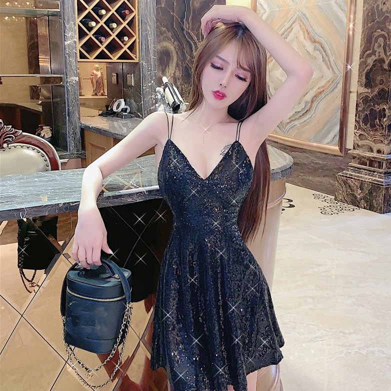 Đầm nữ dáng xòe kim tuyến 2 dây Emilyshop