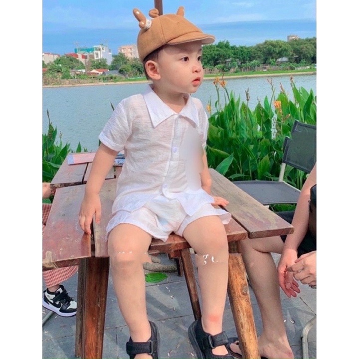 Bộ Quần Áo Cho Bé Habi Fashion Chất Liệu Đũi Trơn Cổ Vest Đi Biển Bé Trai, Bé Gái 10-20Kg