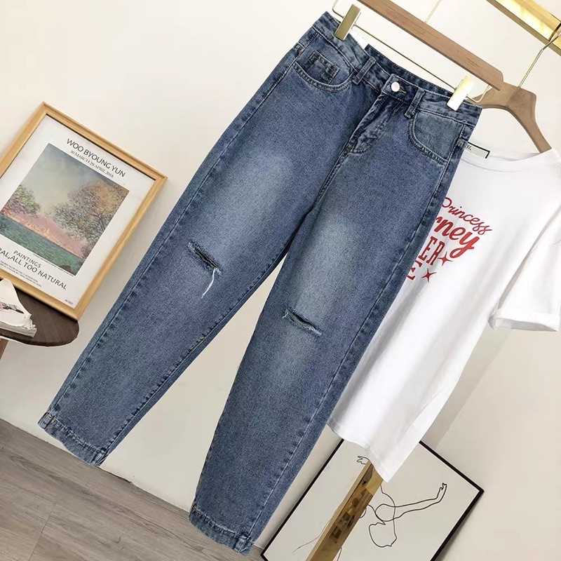 Quần Baggy Jean Rách Gối Nữ Có Bigsize Lưng Cao