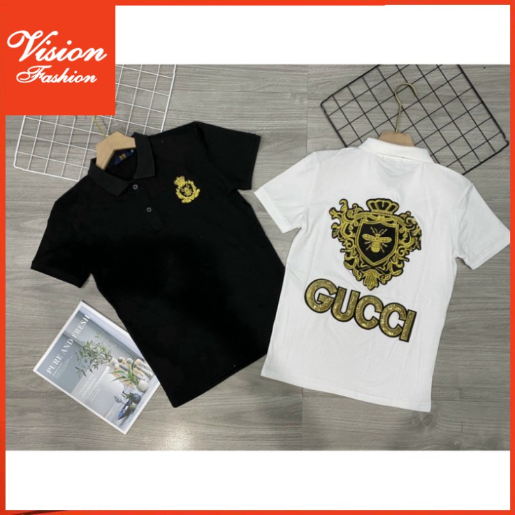 Áo thun nam ngắn tay cổ trụ kim sa hoa tiết GUCCI thêu con ong