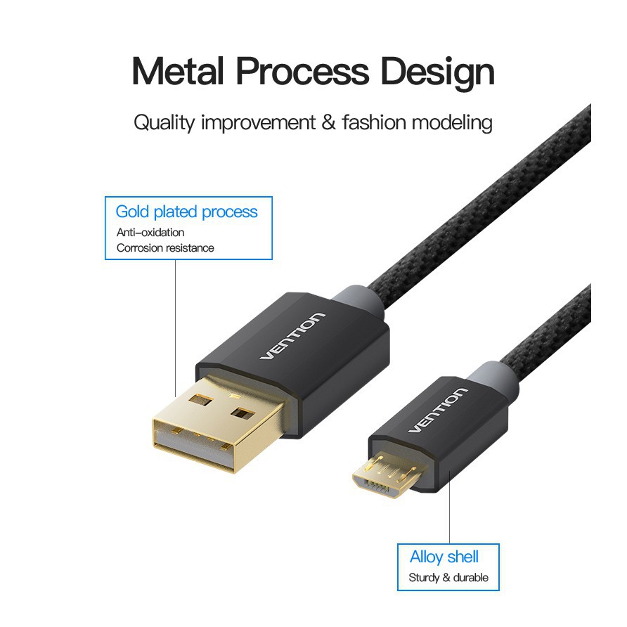 Cáp Micro USB VENTION hỗ trợ sạc nhanh 2.1A và truyền dữ liệu cho điện thoại máy tính bảng Android