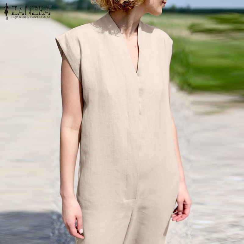 Áo liền quần Zanzea không tay cổ chữ V có nút cài thời trang dành cho nữ