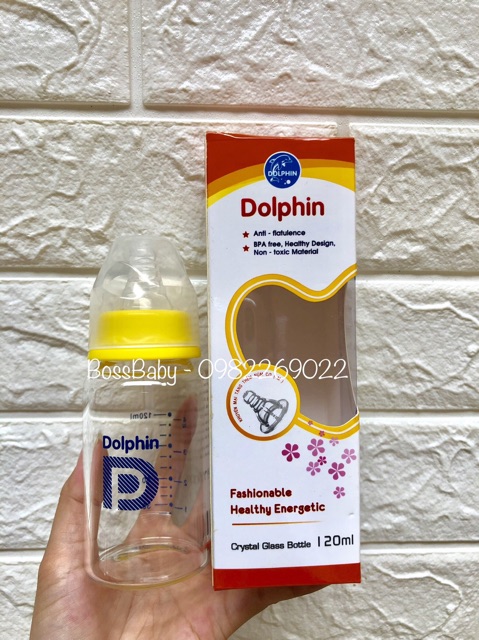 (Tặng thêm 1 núm) Bình sữa thuỷ tinh Dolphin cổ hẹp 120ml/240ml