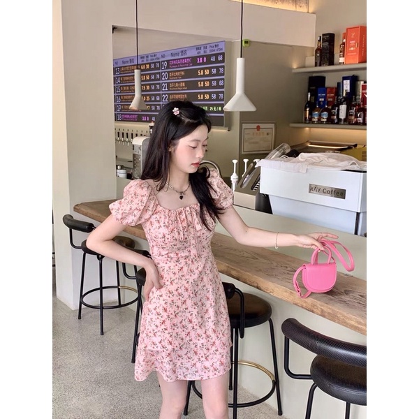 Đầm váy hoa nhỏ tay phồng cổ Pháp cao cấp hàng Quảng Châu