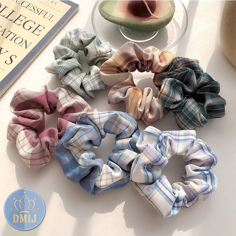 Cột Tóc Vải Scrunchies Họa Tiết Caro Vintage Hàn Quốc, Dây Buộc Tóc Scrunchies Cứng JP5