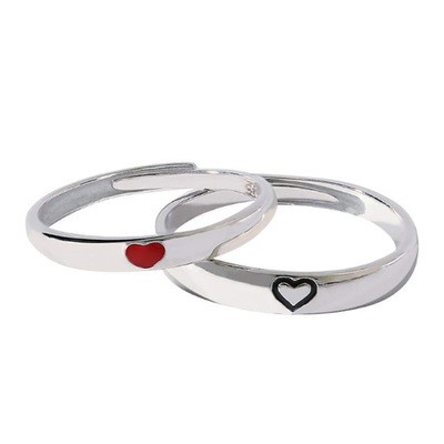 Nhẫn đôi bạc s925 trơn nam nữ khắc hình trái tim đen đỏ