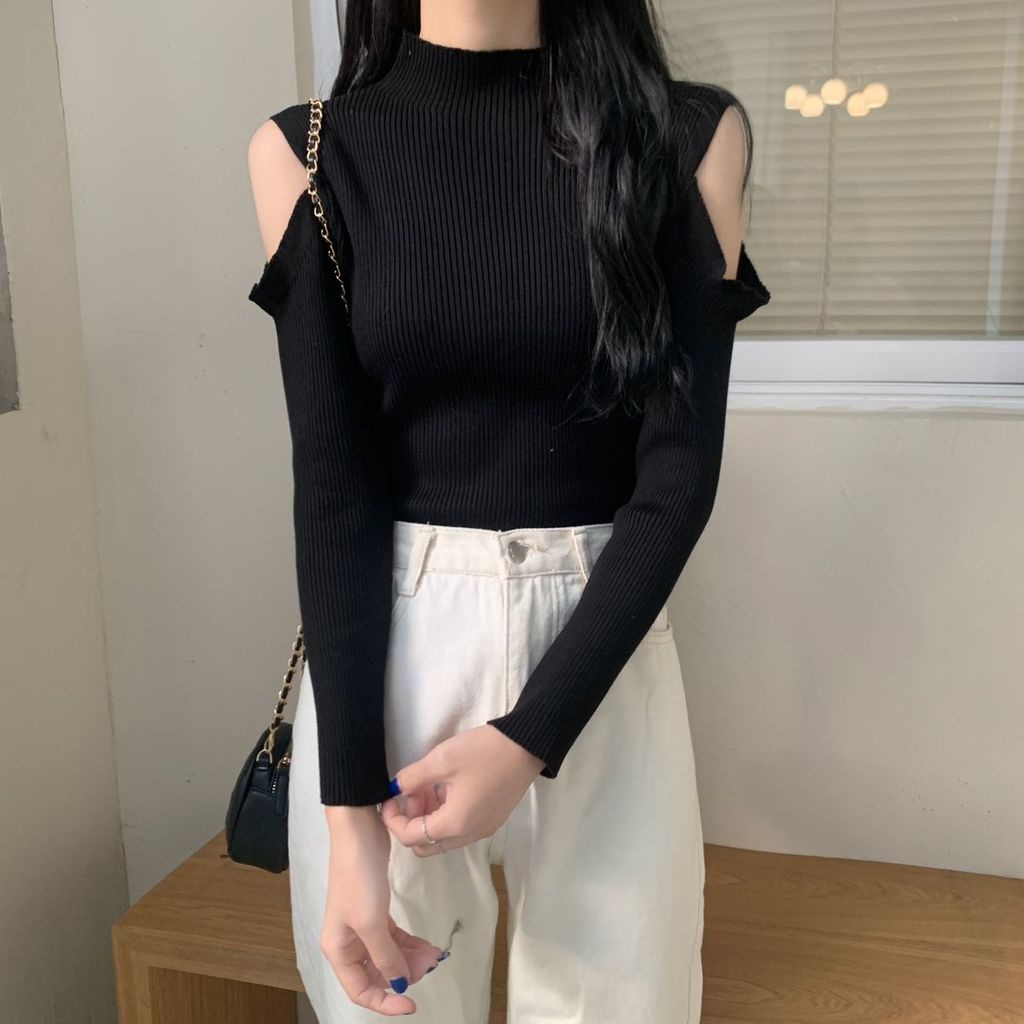 Áo Len Tay Dài Cổ Cao Hở Vai Thời Trang Cho Nữ