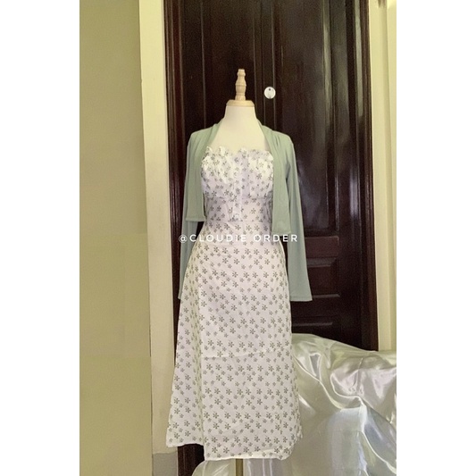Set Đầm Hai Dây Hoa Nhí Kèm Áo Khoác Cardigan Len Tăm Nhún Ngực Chun Lưng Xanh Bơ Và Vàng Pastel