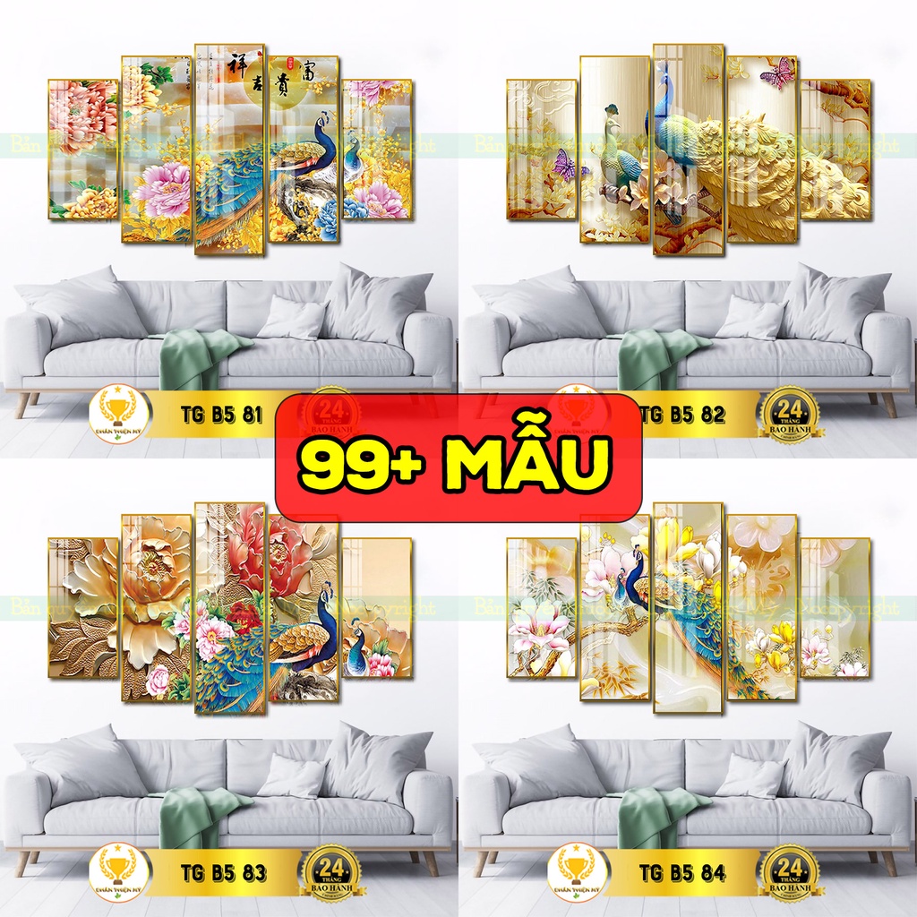 Bộ 5 tranh dọc treo tường tráng gương Chim Công, Thiên Nga, Rồng, Đại Bàng mang đến tài lộc và may mắn