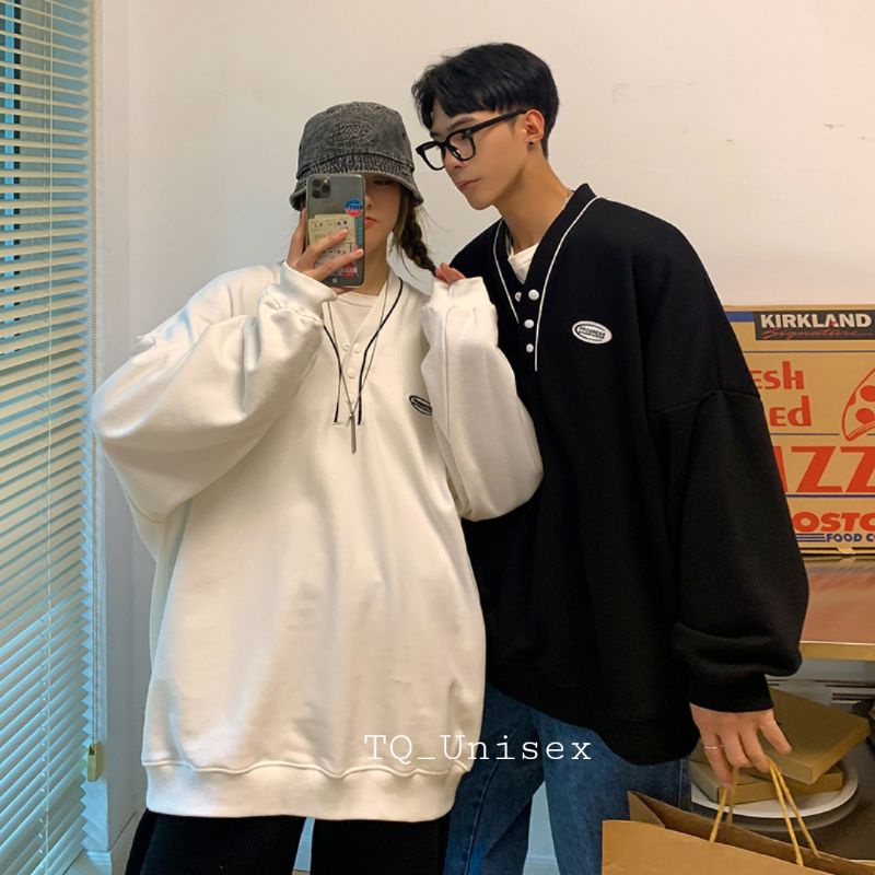 Áo Sweater Nỉ Unisex Viền Cổ Phối Nút Form Rộng Ulzzang (Ảnh Thật | BigBuy360 - bigbuy360.vn