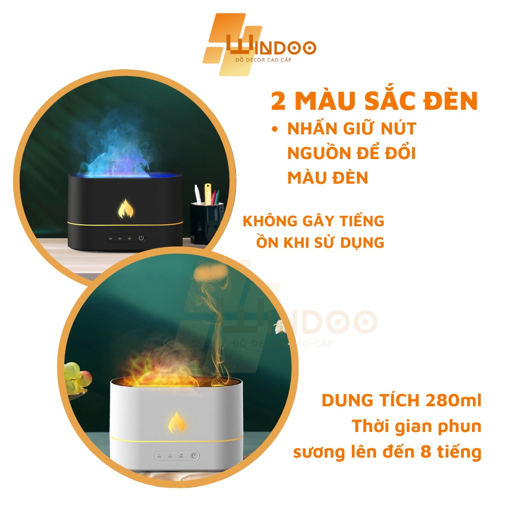 Máy phun sương xông tinh dầu Windoo hình ngọn lửa phun sương con sứa có đèn ngủ, máy làm ẩm không khí thơm phòng