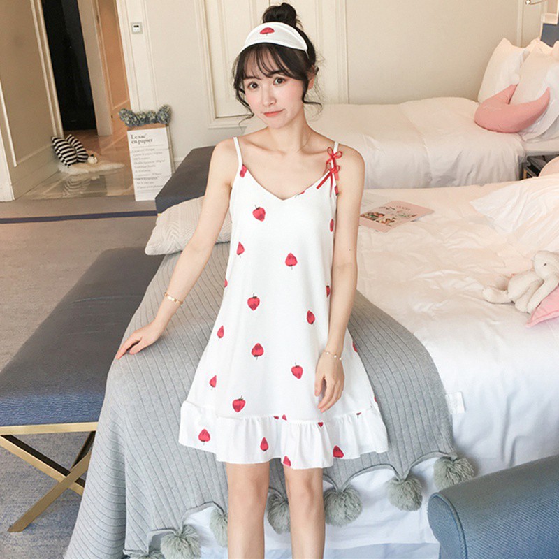 Đầm ngủ pijama nữ cổ chữ V in hình trái cây gợi cảm kèm bịt mắt ngủ tiện lợi