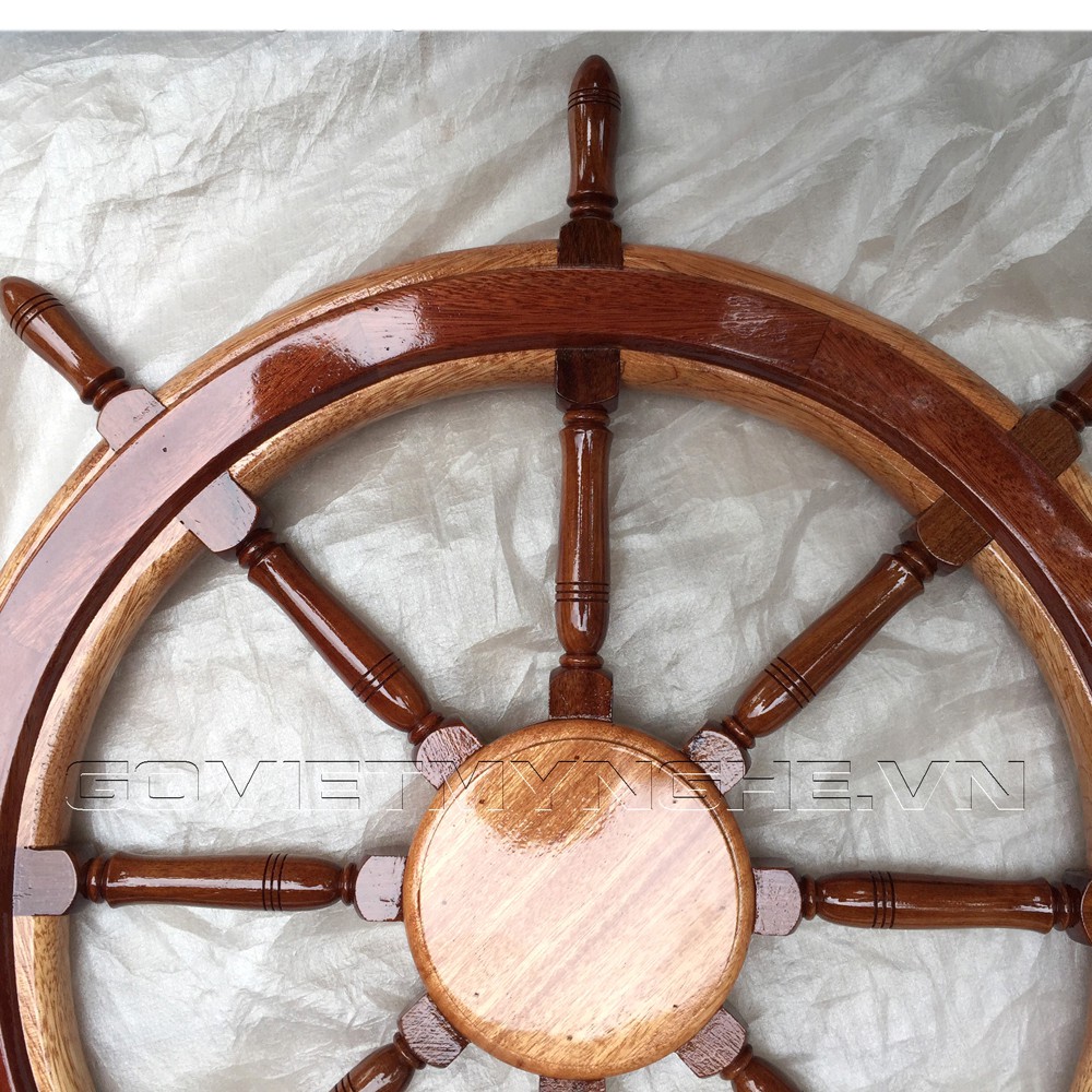 Mô hình bánh lái vô lăng tàu gỗ trang trí - Không đồng hồ - phủ bì tay cầm 80cm