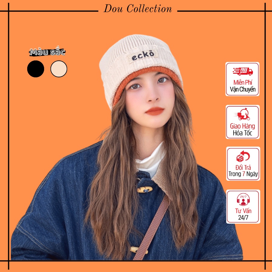 Mũ len nam nữ, Nón len trơn chất dày co dãn tốt dáng dài giữ ấm Retro thêu họa tiết ecko thời trang thu đông - Mã NL009