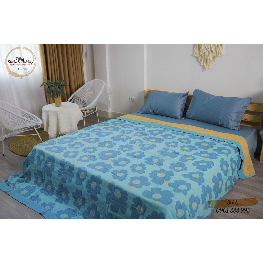 Set 06 _ Chăn Xô Cotton Sợi tre Organic dòng Basic &amp; Ga gối Lụa