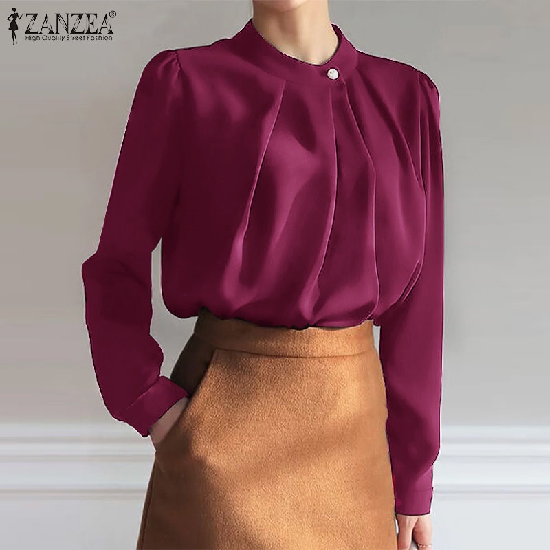 Áo Kiểu Zanzea Tay Dài Cổ Tròn Màu Trơn Thời Trang Thường Ngày Cho Nữ